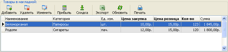 Товары в накладной